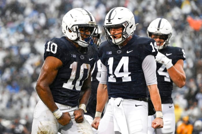Penn State, Nick Singleton, Sean Clifford, celebrate, Beaver Stadium